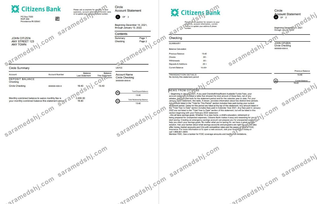 USA Citizens bank statement, Word and PDF template, 4 pages